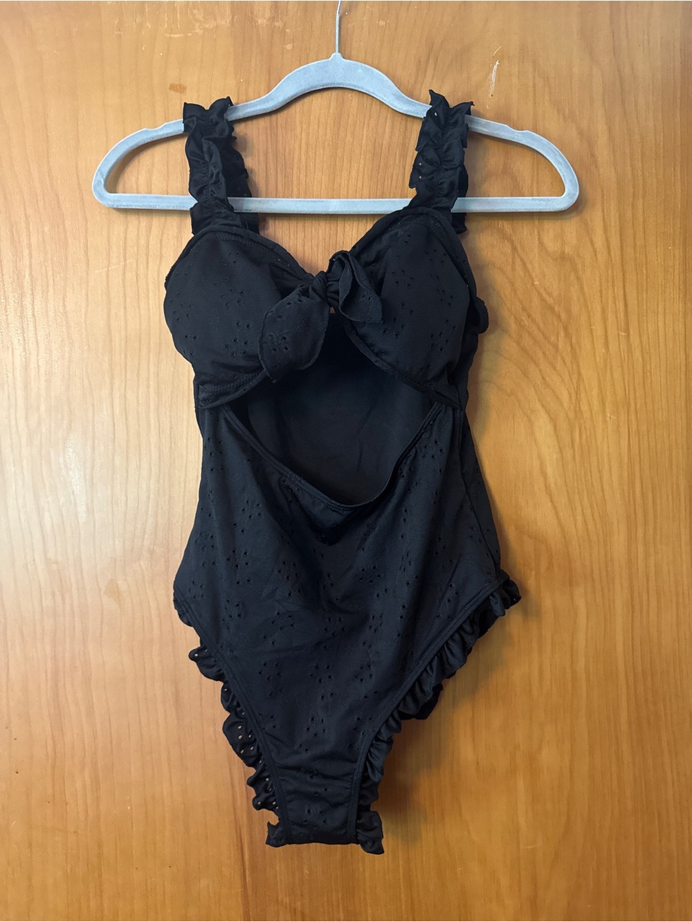 Retro Black Ruffle One-Piece Swimsuit with Front Knot - unworn